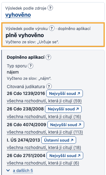 Sloupec údajů vedle textu rozhodnutí v aplikaci: nahoře výsledek podle zdroje, pod ním zvlášť výsledek podle výroku doplněný aplikací a blok Doplněno aplikací s typem sporu a citovanou judikaturou.